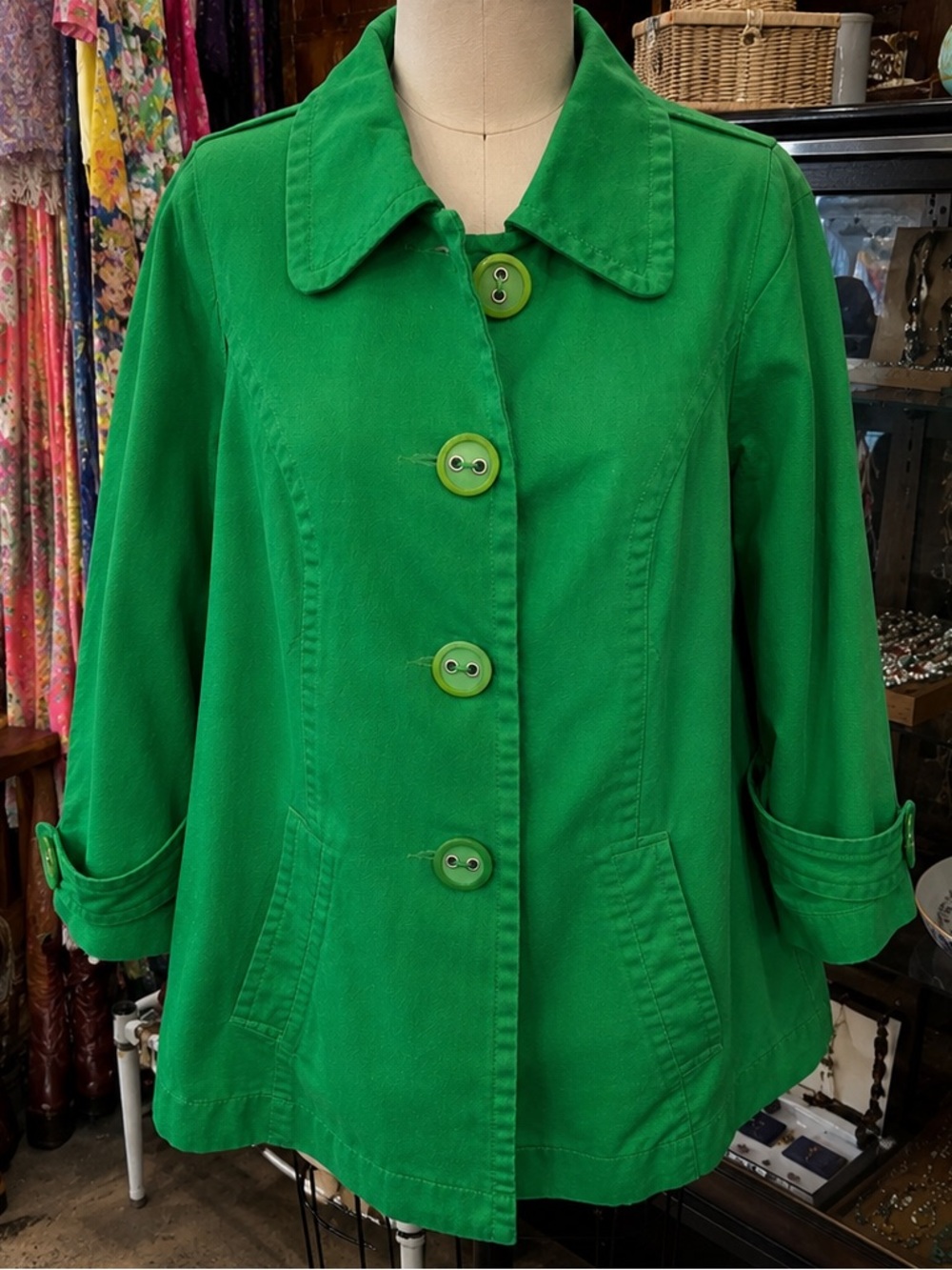 Y2K Vintage Jacket ambition Kelly Green Button Pea Coat Cotton 3/4 Sleeves M
